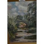 M. Walshaw (C. Moate Walshaw), signed oil on canvas board, river landscape with stone bridge,