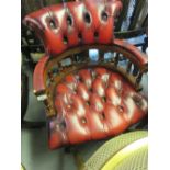 20th Century red leather button upholstered swivel office chair (slight damage to the leather)