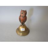 Late 19th / early 20th Century brass and copper inkwell in the form of an owl with glass bead eyes