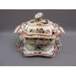Large 19th Century stoneware tureen, cover and stand, decorated in iron red and blue