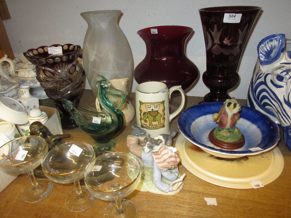 Red overlaid glass vase, three Babycham glasses, ruby glass vase and other ceramics and glassware