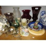 Red overlaid glass vase, three Babycham glasses, ruby glass vase and other ceramics and glassware