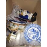 Box containing a quantity of various porcelain (partially restored) including Satsuma bowl, Wedgwood