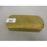 Early 19th Century Dutch brass tobacco box engraved with text (worn), 6ins x 2.75ins x 1.25ins