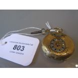 18ct gold cased enamel decorated fob watch with keywind movement, the enamel dial with Roman