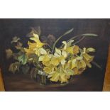 19th / 20th Century oil on canvas, daffodils in a glass bowl, monogrammed, 13ins x 17ins