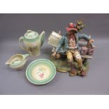 Capo di Monte figure, tramp on a bench, Susie Cooper coffee pot, cream jug, spare lid and bowl (at