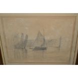 Joseph Delattre signed pencil drawing, Impressionist study of boats in a coastal inlet, 10ins x