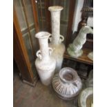 Pair of large terracotta two handled vases together with a similar baluster form vase