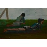 Richard O' Connell, two oils on board, ' Girls at Mumbles ' and ' Girls by a Fence ', both