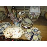 Pottery and silver plate mounted salad bowl with matching servers, similar part teaset, a large