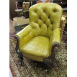 19th Century carved mahogany and button leather upholstered tub shaped drawing room chair on