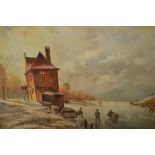 Large 20th Century oil on canvas, Dutch river scene with figures and windmill, signed Thomas,