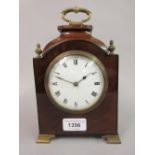 Small Edwardian mahogany black line inlaid mantel clock, the enamel dial with Roman and Arabic