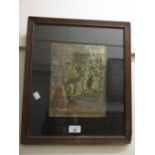 Antique Continental print of figures in an interior applied with cut outs of various textiles, oak