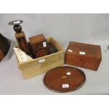 Small mahogany and inlaid oval drinks tray, a 19th Century wooden money box, an oak box, conch shell