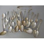 Sheffield silver Shell pattern caddy spoon, pair of silver bright cut sugar tongs and