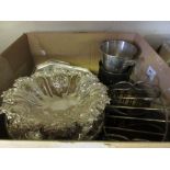 Box containing a quantity of miscellaneous silver plate including: comport and two cake baskets