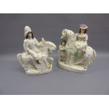 Rare Staffordshire figure of a lady riding side saddle with groom in attendance, together with