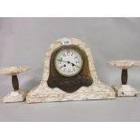 Art Deco beige flecked marble and gilt metal mounted three piece clock garniture, the enamel dial