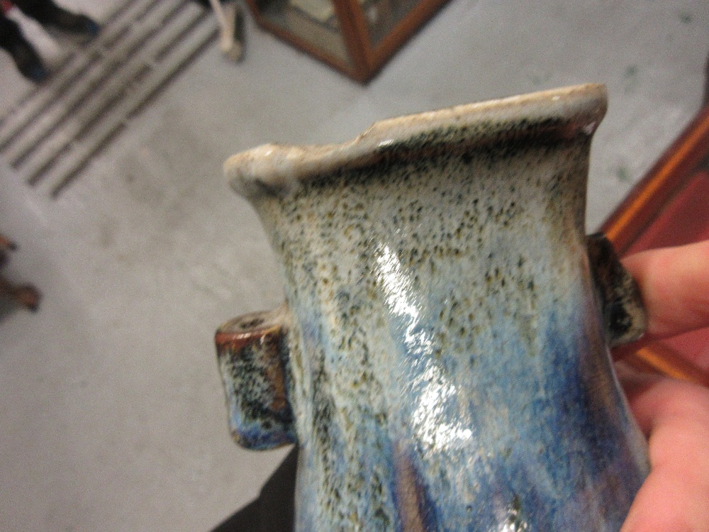 Antique Chinese stoneware rectangular baluster form vase decorated with a mottled blue glaze (with - Image 5 of 9