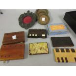 Two pairs of whist markers and another Whist marker, Bakelite case and four various miniature frames