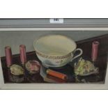 Oil on board, still life of gun cartridges, vegetables and a tea cup, an oil on board, view of