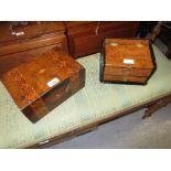 19th Century walnut and parquetry inlaid box containing a part chess set, together with a polished