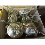 Box containing a quantity of silver plated items including a spirit kettle etc