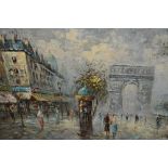 Large 20th Century oil on canvas, Paris street scene, together with another, figure in a Continental