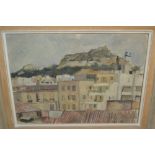 Anthony Eyton, oil on canvas board, view across roof tops to a mountain top castle, 11.75ins x 15.