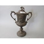 Victorian silver two handled covered cup embossed with chickens and a fox head within a cartouche,