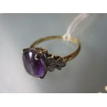 18ct Yellow gold ring set amethyst with diamond set shoulders