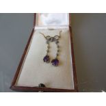 Yellow and white metal diamond, amethyst and split pearl bow form necklace with pendant drops in