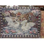Reproduction French machine tapestry depicting a lake scene with swans