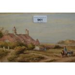 19th Century English school, watercolour, figure with ponies before a Dutch barn, bearing