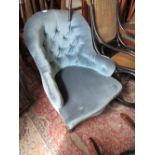 19th Century blue upholstered button back nursing chair on turned front supports