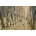 Unframed pencil and watercolour, children in a back street by terraced houses, signed Hofbauer,