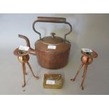 Pair of arts and crafts style copper candlesticks, an oval brass kettle and a brass stamp box
