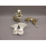 Small Lladro group of a pair of doves, similar matt glazed figure of a reclining donkey and
