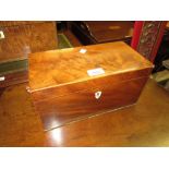 George III mahogany and boxwood inlaid rectangular tea caddy (interior at fault)