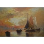 J. Van Hier, signed oil on canvas, fishermen and boats in an estuary at sunset, 16ins x 24ins