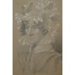 19th Century pencil and white highlighted head and shoulder portrait of a lady in a bonnet,