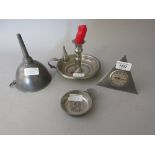 Triangular pewter mounted mantel clock, a tasse du vin, wine funnel and modern pewter chamber stick