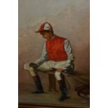 Joseph Hogge, signed late 19th Century oil, study of a seated jockey, 10.5ins x 8ins Generally in