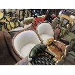 Pair of large tub and shaped walnut beige linen upholstered armchairs with loose cushions on
