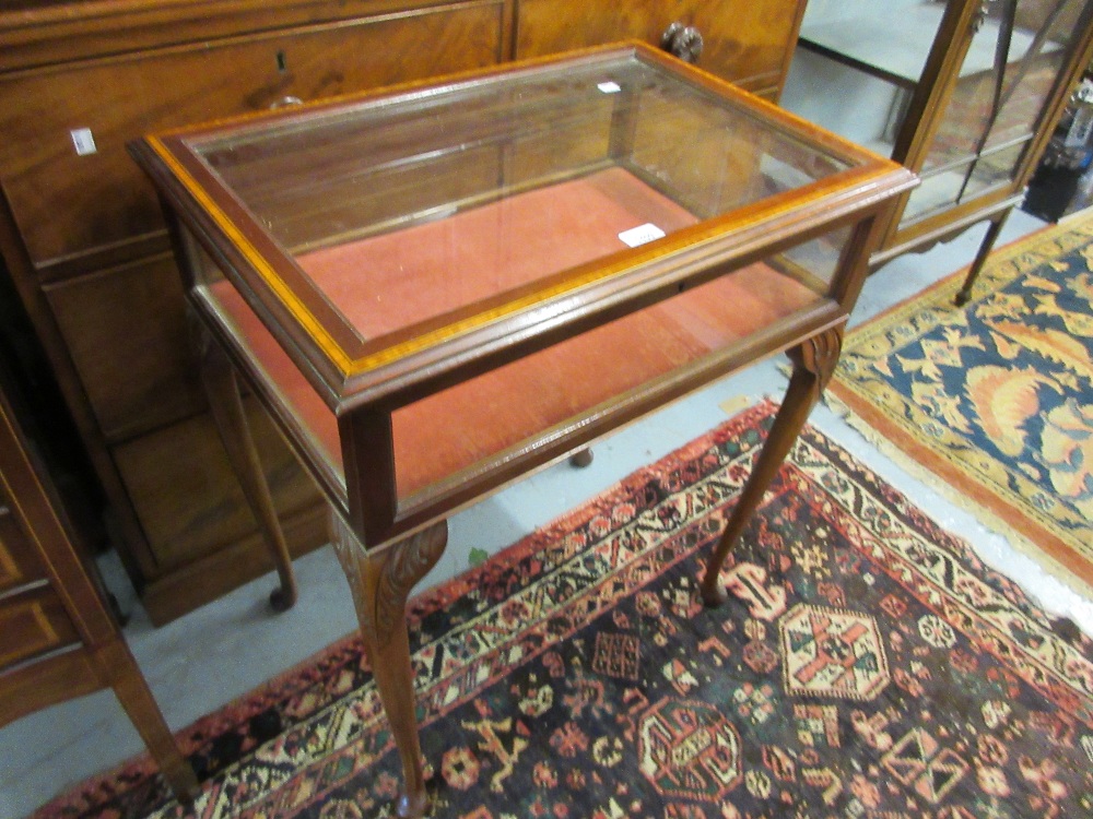 Reproduction mahogany and satinwood bijouterie cabinet raised on cabriole supports