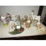 Three Royal Albert Beatrix Potter figures, Royal Doulton figure of a goat, French porcelain and gilt