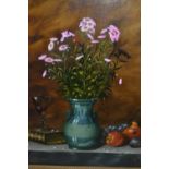 20th Century oil on canvas, still life study of a vase of flowers and a glass on a table, signed,