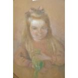 Large Continental oval pastel on card, portrait of a girl holding a parakeet, gilt framed